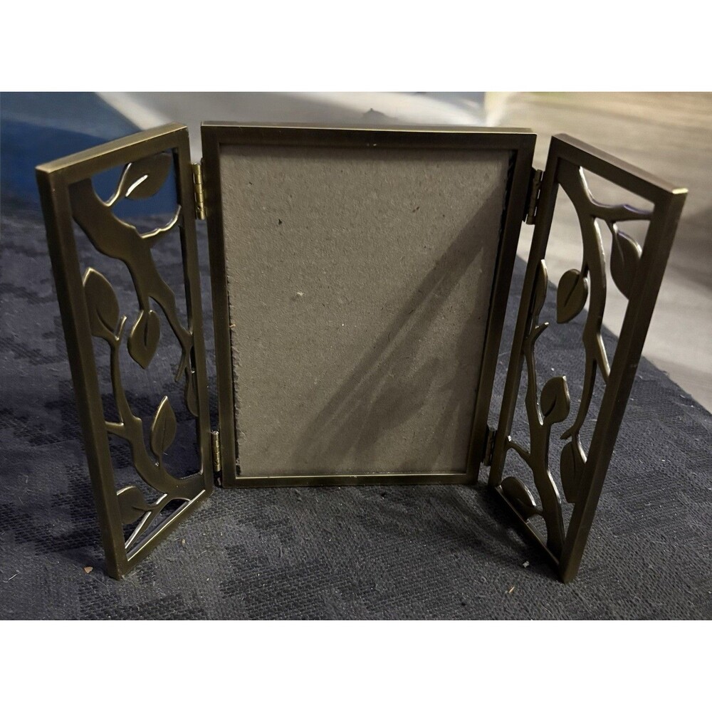 Bronze Ornate Metal Hinged Three-Panel Photo Frame Leaf Design 4x6 Art Nouveau